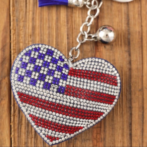 Sparkle front “soft” blue flannel back American Flag keychain heart shaped - Picture 2 of 4